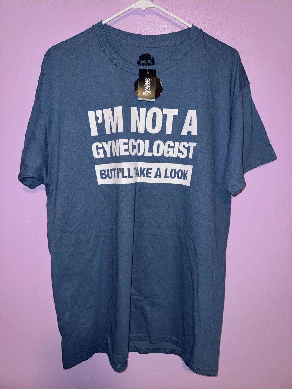 Spencer's Blue Graphic Tee with White Text - I'm Not a Gynecologist